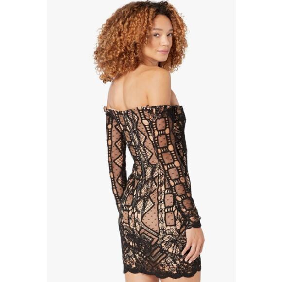 BARDOT Women's Zendaya Mini Lace Dress US 8 Large Black Nude Off Shoulder NWT - Picture 3 of 12